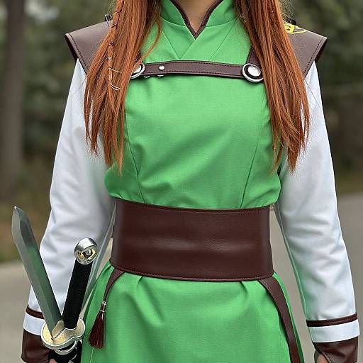 Photograph of a woman in a green and white medieval-style outfit, brown sash, holding a sheathed sword, long red hair, forest background