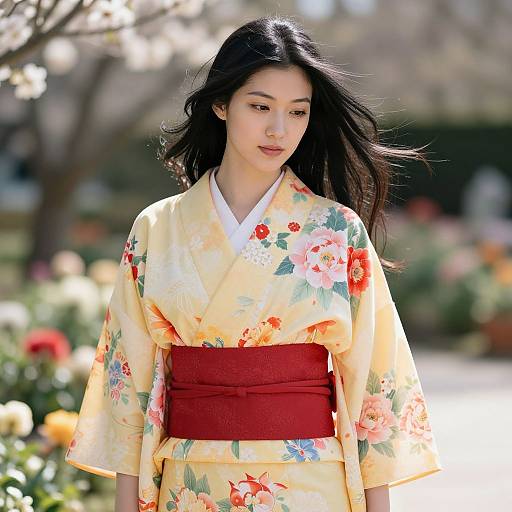 Photograph of an Asian woman with long black hair, wearing a yellow floral kimono with red obi, standing in a sunlit garden.