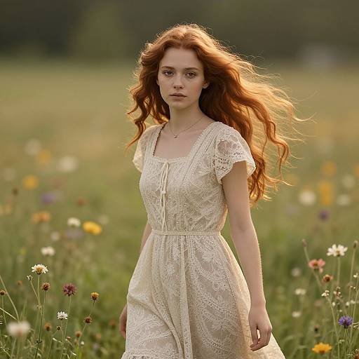 Photograph of a young woman with long, wavy red hair wearing a white, lace, short-sleeved dress, standing in a sunlit