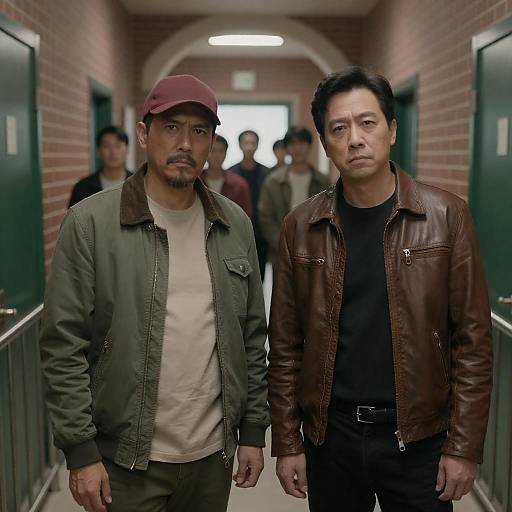 Men in Hallway with Background Crowd