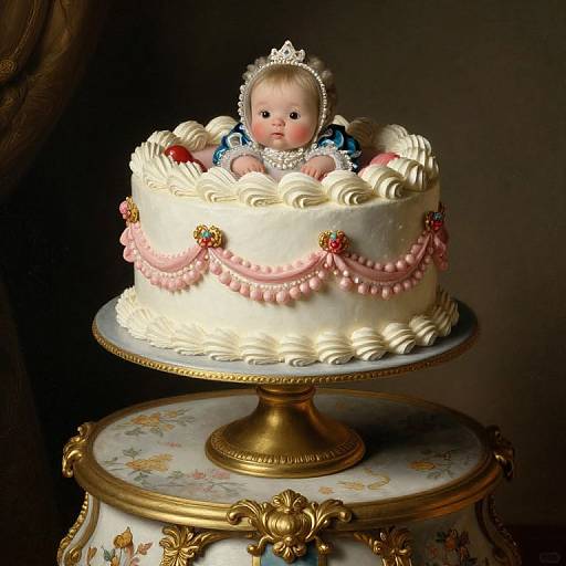 Photograph of a detailed, white, ornate cake with pink and pearl decorations, topped with a porcelain baby doll in a blue dress and white bon