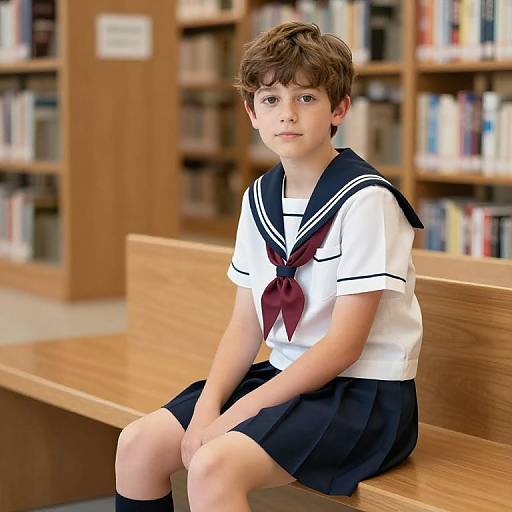 Photograph of a young boy with brown hair in a Japanese school uniform, sitting on a wooden bench in a library.
