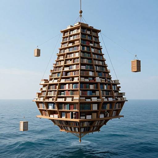 Photorealistic CGI of a floating, multi-tiered library ship with wooden shelves of books, suspended by ropes, against a clear blue sky and ocean