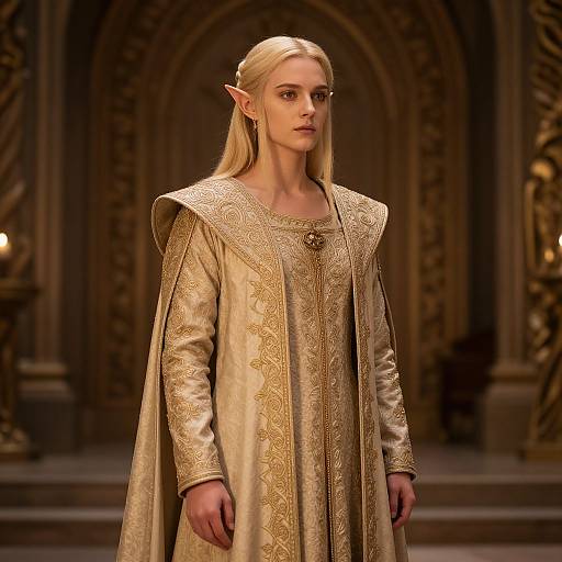 Digital CGI of a blonde, elven woman with pointed ears, wearing an ornate, gold-embroidered, medieval-style robe, standing in