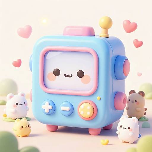 Cute digital illustration of a blue, retro TV-shaped robot with a chibi face, surrounded by adorable, small, fluffy creatures. Pink hearts float