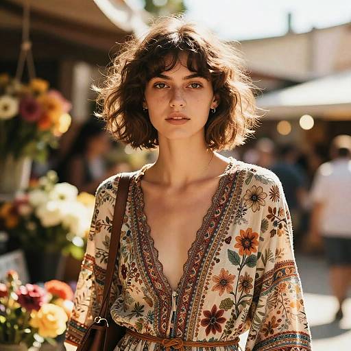 Bob Cut Model in Boho Floral Dress