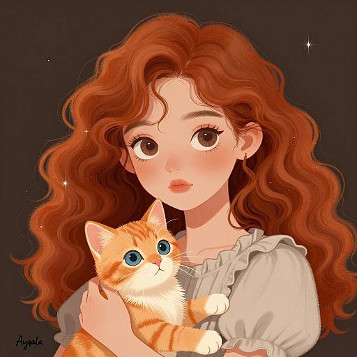 Digital Illustration of Girl with Red Hair and Kitten