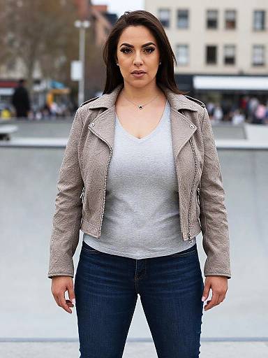 Photograph of a confident woman with long brown hair, wearing a gray jacket, white V-neck shirt, and dark jeans, standing in a blurred urban