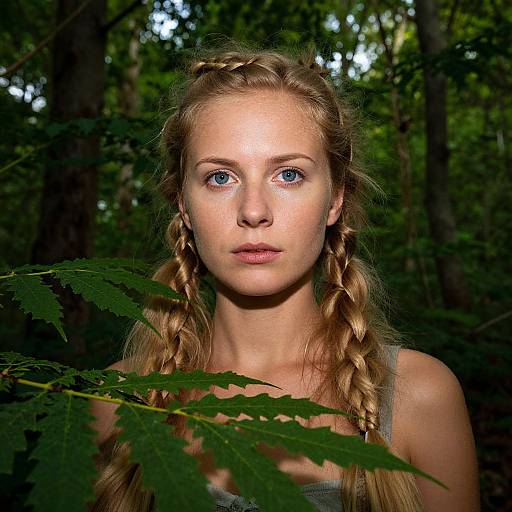 Photograph of a young woman with blue eyes, blonde braided hair, and fair skin, standing in a forest, with green leaves in the foreground