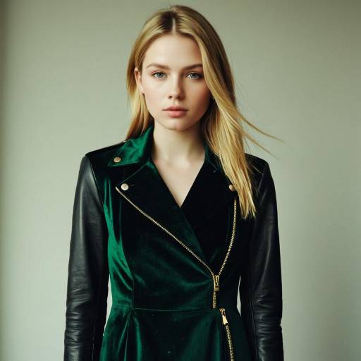 Blonde Woman in Emerald Velvet Dress and Leather Jacket