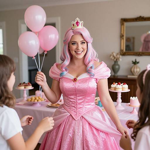 Photograph of a smiling woman in a pink princess costume with pink and blue wavy hair, crown, holding pink balloons, at a birthday party with