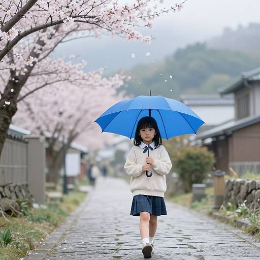 Photograph of a young Japanese girl in a white sweater and navy skirt, holding a blue umbrella, walking on a wet, cherry blossom-lined street.