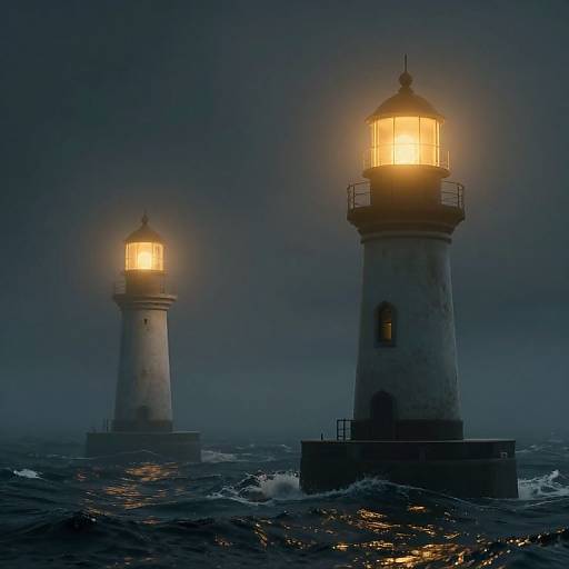 Photograph of two illuminated lighthouses standing in turbulent, dark blue ocean waves under a cloudy, night sky, with one closer and brighter.
