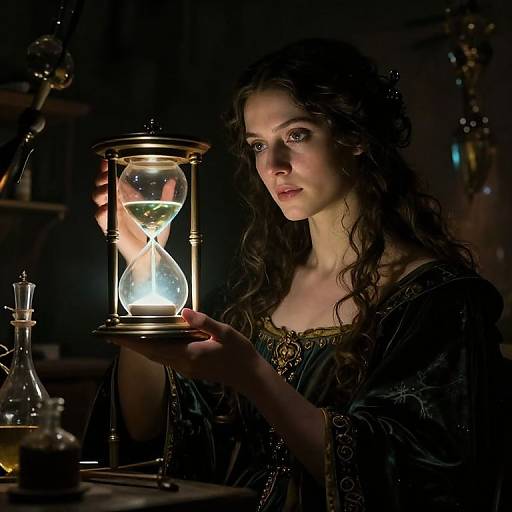 Photograph of a young woman with wavy dark hair, wearing a dark, ornate dress, holding a glowing hourglass in a dimly lit