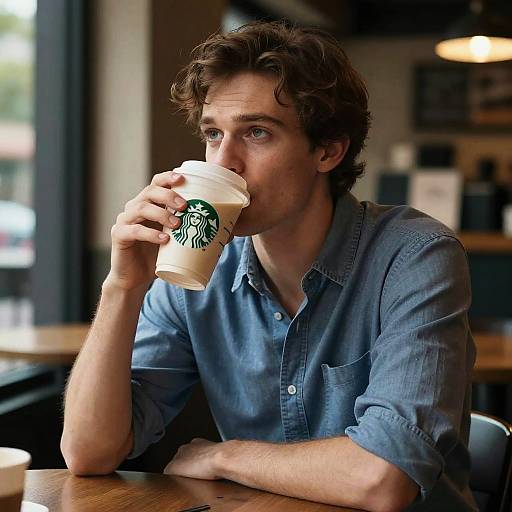 Photograph of a young man with curly brown hair, blue eyes, wearing a blue denim shirt, sipping a Starbucks coffee in a cozy café.