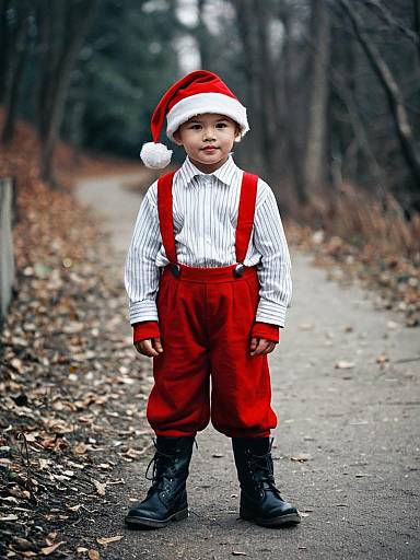Boy in Red Munchkin Costume with Santa Hat Outdoors