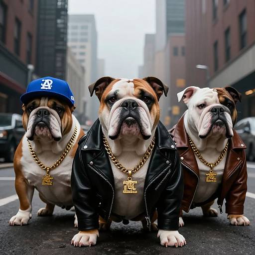 Photograph of three bulldogs in a city street, wearing blue Yankees hat, black leather jacket, and brown jacket respectively, all with gold chains.