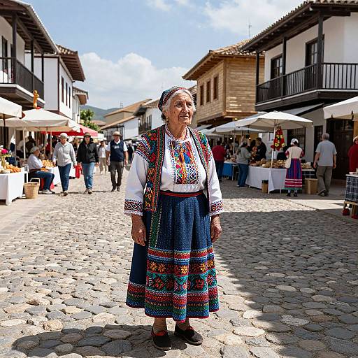 Photograph of elderly woman in colorful traditional dress and headscarf, standing on sunlit cobblestone street in bustling European village.