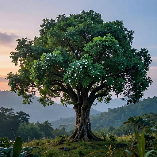 Photograph of a large, lush, green tree with thick trunk, surrounded by misty hills and a blue sky at sunset.