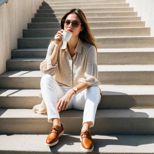 Woman drinking coffee on outdoor stairs