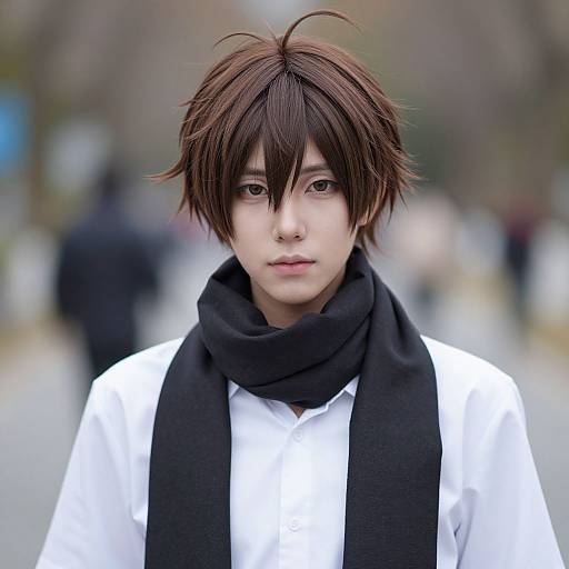 Photograph of an androgynous young person with brown, messy hair, pale skin, wearing a white shirt and black scarf, standing outdoors with