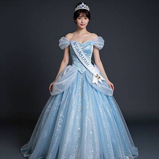 Photograph of a young Asian woman in a sparkling light blue off-shoulder ball gown with a silver tiara and sash, standing against a