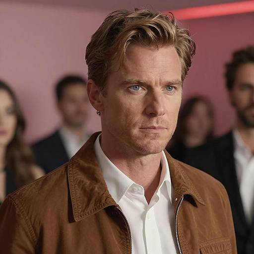 Serious man in brown jacket indoors