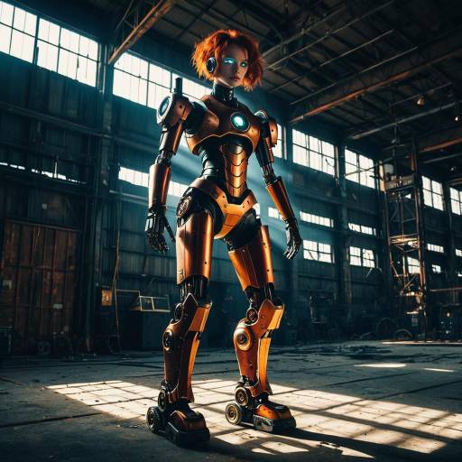 Steampunk Robot Acrobat in Industrial Warehouse