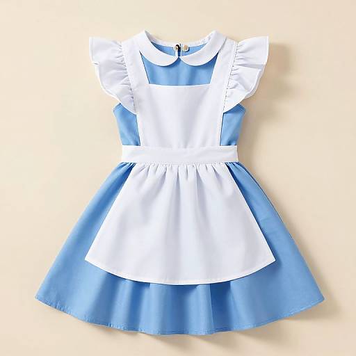 Photograph of a child's blue and white pinafore dress with ruffled sleeves and a white apron, hanging against a beige background.