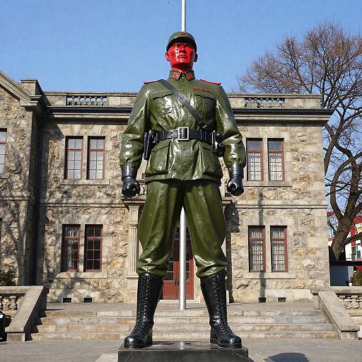 Photograph of a life-sized, red-painted, green military statue with black boots, standing in front of a stone building with tall windows.