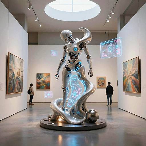 Photograph of a modern art gallery featuring a silver, neon-lit, humanoid robot sculpture in the center, surrounded by three people and colorful abstract paintings