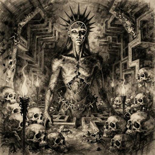 Dark, surreal digital illustration of a skeletal, crown-wearing figure amidst a maze of flames, surrounded by skulls and candles.