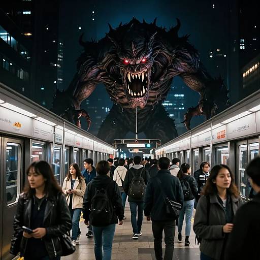 Nighttime subway platform with commuters; looming, monstrous creature with red eyes and sharp teeth above. CGI fusion of realism and fantasy.