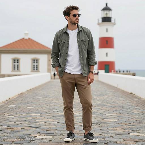 Stylish man standing on cobblestone path near lighthouse