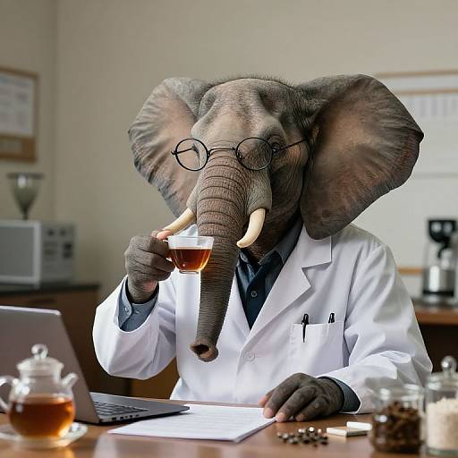 Photograph of an anthropomorphic elephant in a white lab coat, glasses, holding a teacup, sitting at a desk with a laptop, tea