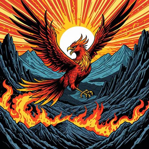 Fiery Phoenix Rising Over Volcanic Mountains