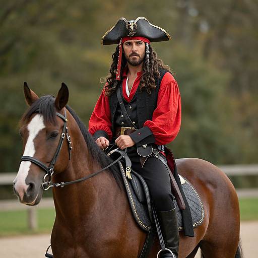 Photograph of a long-haired man in a black pirate costume with red shirt, riding a brown and white horse outdoors.