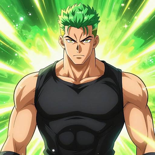 Muscular anime man with green spiky hair, intense expression, wearing black tank top, surrounded by radiant green and yellow energy. Digital illustration.