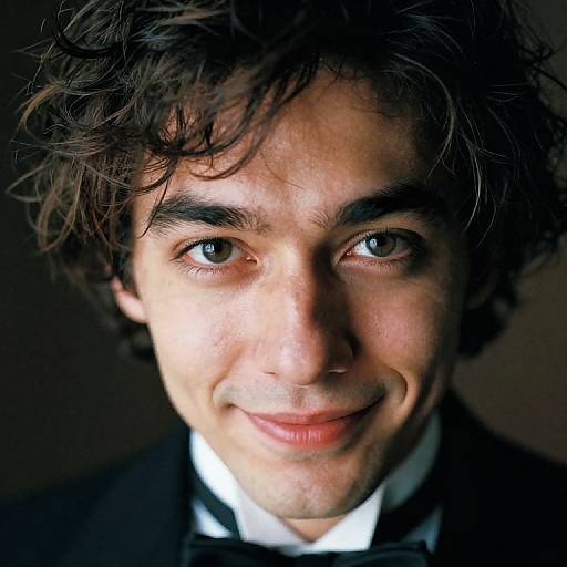 Close-up photograph of a smiling young man with curly brown hair, light skin, brown eyes, wearing a black suit, white shirt, and black bow