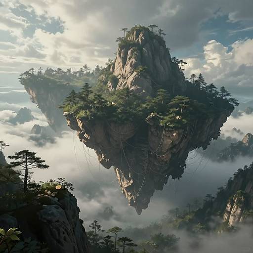 Photorealistic digital art of a towering, forested cliff island floating in a cloudy sky, with rocky peaks and mist below.
