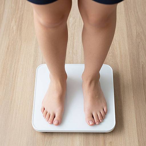 Photograph of a person's bare feet on a white digital scale, standing on a wooden floor, wearing black shorts.