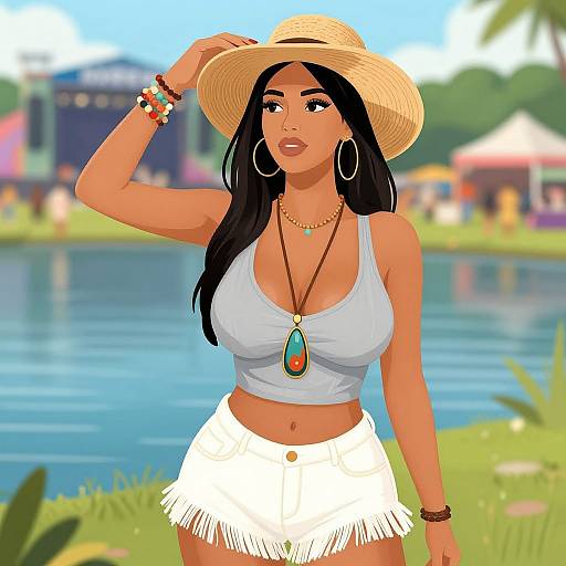 Digital illustration of a tan-skinned woman with long black hair, wearing a straw hat, white crop top, and fringed white skirt, standing by