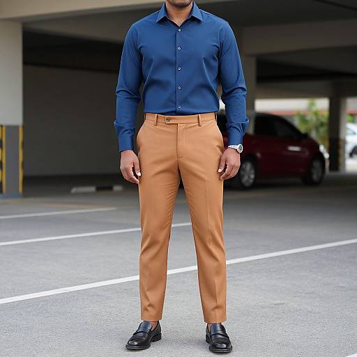 Photograph of a man wearing a blue button-up shirt, tan trousers, black shoes, standing in a parking garage. Face not visible. Background includes
