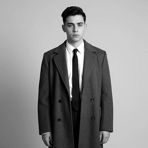 Monochrome photograph of a serious-looking young man with short, dark hair, wearing a long, dark overcoat and black tie, standing against a plain