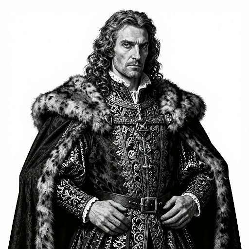 Photorealistic black-and-white portrait of a stern, long-haired man in ornate, fur-collared medieval attire, hands clasped, white