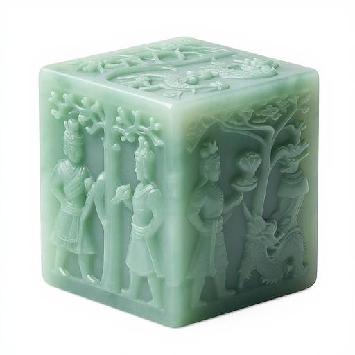 Carved jade cube with intricate, ancient-style figures and tree motifs, featuring detailed clothing and a dragon on the side.