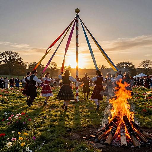 Photograph of Scottish dancers in traditional kilts and dresses spinning around a colorful maypole at sunset, with a bonfire in the foreground.