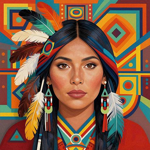 Digital portrait of a Native American woman with straight black hair, colorful feathers, and geometric-patterned background, wearing traditional attire and earrings.