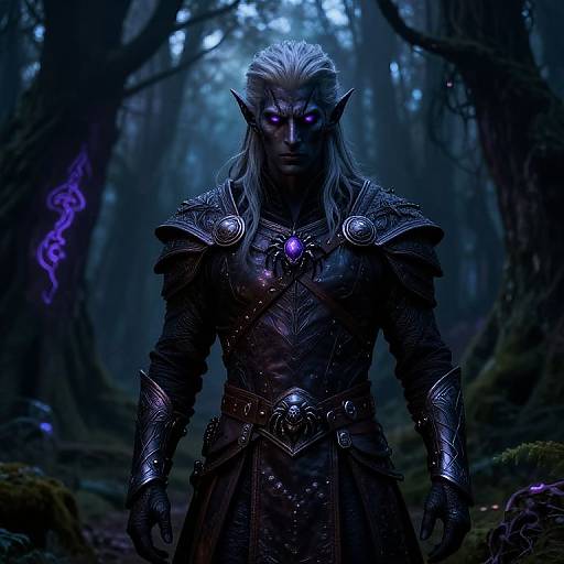 Digital artwork of a muscular, silver-haired elf with glowing purple eyes, wearing dark, ornate armor with a purple gem, in a mystical, blue