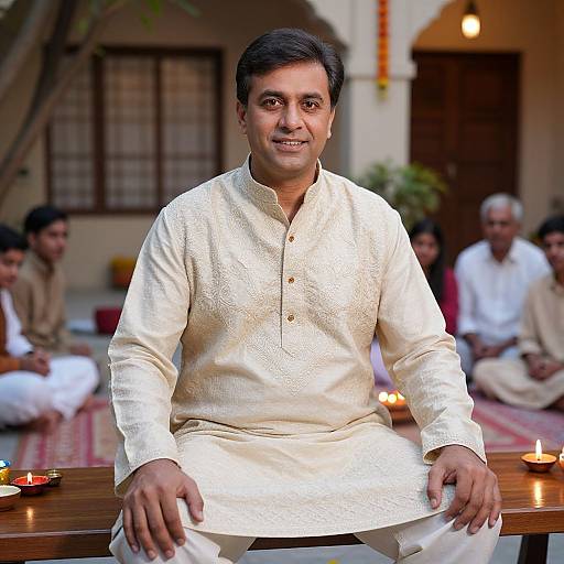 Photograph of a smiling Indian man in a white, embroidered kurta, sitting on a bench with lit candles, in a blurred, traditional indoor setting